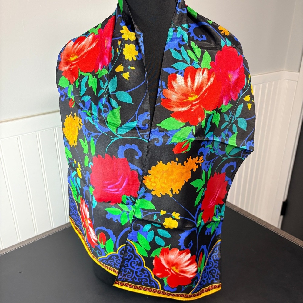 Vintage 1992 Liz Claiborne Floral Scarf Black Red Blue Yellow Oblong 52x10